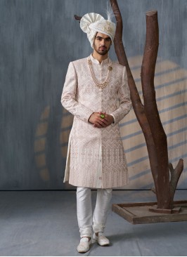 Elegant Cream Embroidered Groom Sherwani