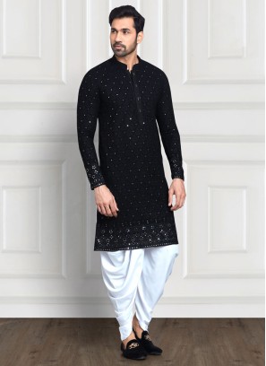 Embroidered Black Chiffon Silk Dhoti Style Kurta Pajama