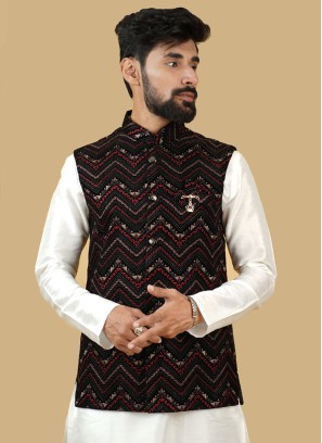 Embroidered  Black Velvet Nehru Jacket