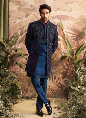 Embroidered Jacket Style Peacock Blue Indowestern Set