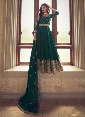 Embroidered Silk Anarkali Suit In Green Color
