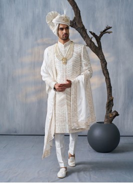 Embroidered White Designer Wedding Sherwani