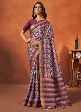 Purple Classic Fancy Printed Crepe Silk Saree