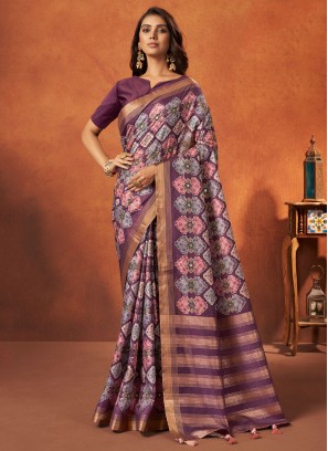 Purple Classic Fancy Printed Crepe Silk Saree