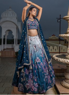 Exclusive Rama Blue Shaded Designer Silk Lehenga Choli For Wedding