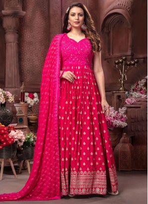 Exquisite Rani Colored Embroidered Anarkali Dress