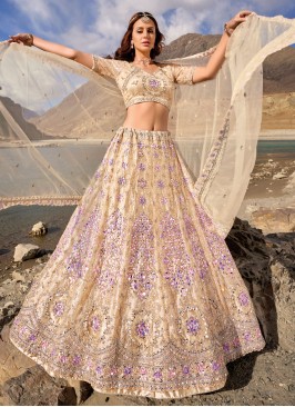 Cream Mirror Embroidered Wedding Lehenga Choli