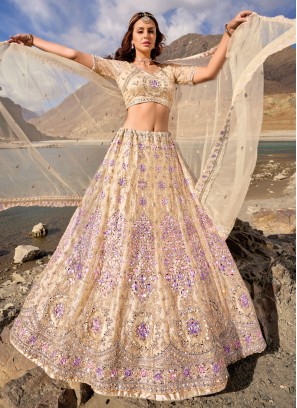 Cream Mirror Embroidered Wedding Lehenga Choli