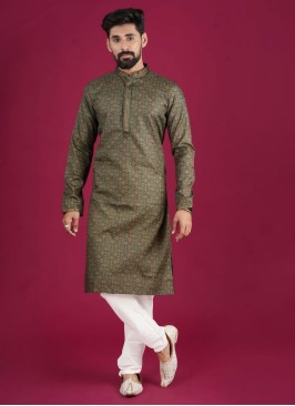 Fancy Printed Green Cotton Mens Kurta Pajama