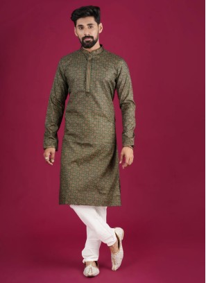 Fancy Printed Green Cotton Mens Kurta Pajama