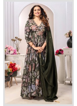 Festive Mehndi Green Crepe Silk Anarkali Dress