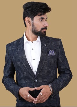 Festive Wear Blue Check Printed Blazer For Men