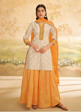 Festive Wear Cream Palazzo Suit In Silk