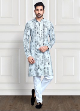 Festive Wear Light Grey Embroidered Kurta Pajama In Cotton Silk