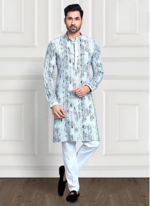 Festive Wear Light Grey Embroidered Kurta Pajama In Cotton Silk
