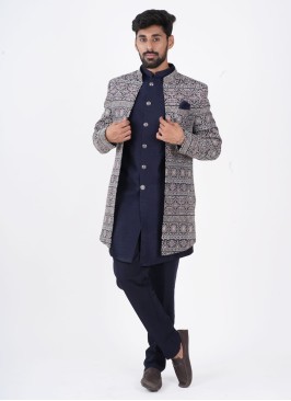 Festive Wear Navy Blue Indowestern In Cotton Silk