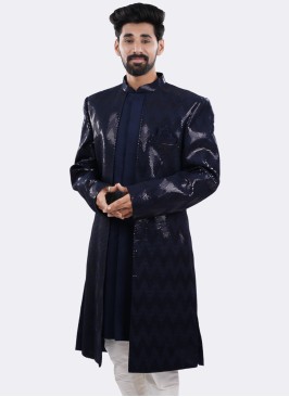 Festive Wear Navy Blue Silk Indowestern Set