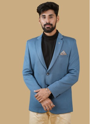 Festive Wear Peacock Blue Blazer For Men