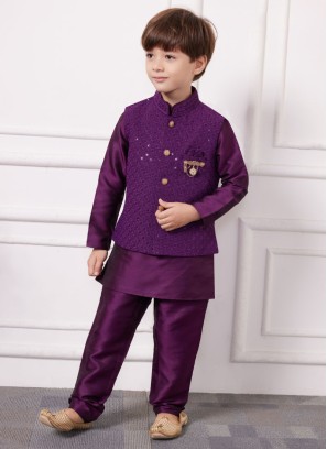 Festive Wear Purple Nehru Jacket Set In Cotton Silk