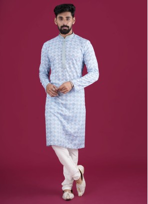 Festive Wear Sky Blue Kurta Pajama In Cotton