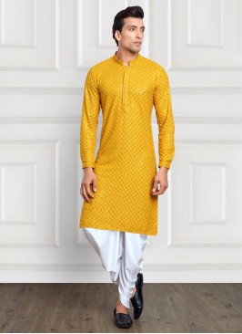 Festive Wear Yellow And White Dhoti Style Kurta Pajama