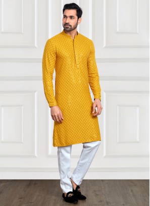 Festive Wear Yellow Sequins Embroidered Kurta Pajama