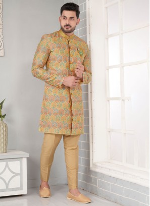 Geometric Print Golden Art Silk Indowestern Set