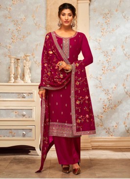 Georgette Embroidered Cherry Red Dress Material