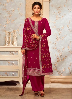 Georgette Embroidered Cherry Red Dress Material