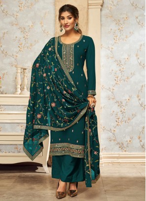 Georgette Rama Green Embroidered Dress Material