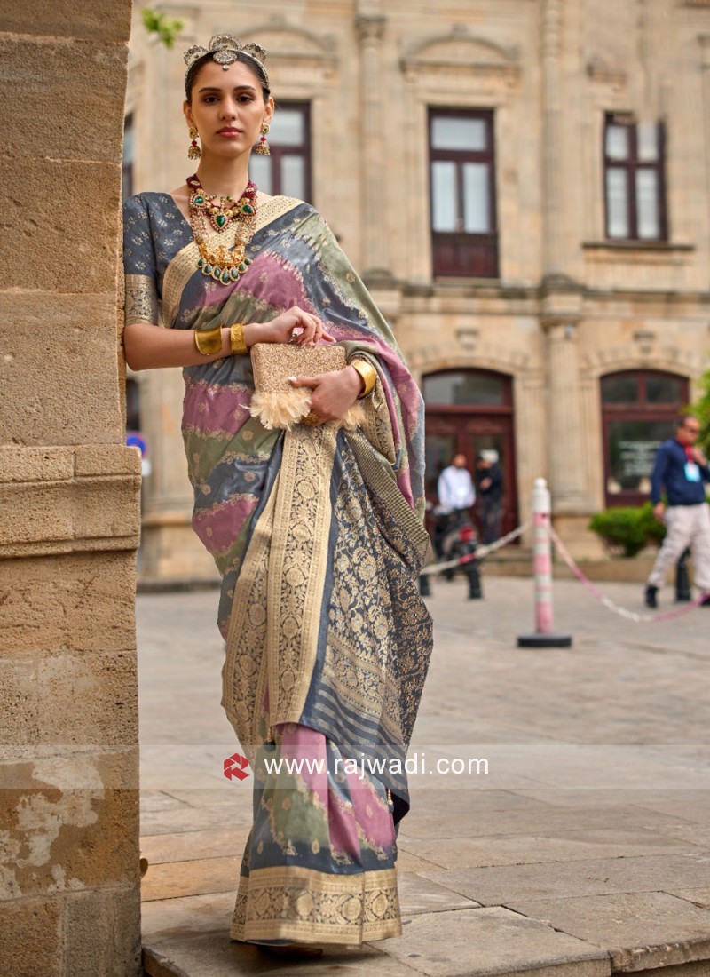 Girlish Embroidered Satin Silk Grey Trendy Saree