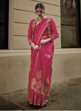 Mesmerizing Deep Pink Woven Banarasi Silk Saree