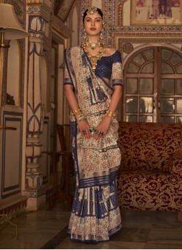 Dark Blue Printed Festival Wear Silk Saree