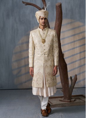 Golden Anarkali Style Embroidered Groom Sherwani