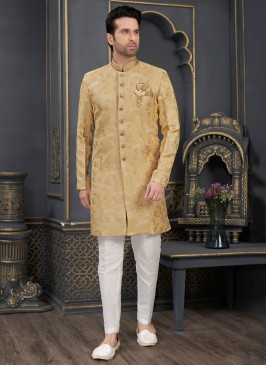 Golden And White Jacquard Silk Indowestern Set