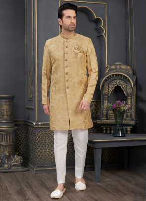 Golden And White Jacquard Silk Indowestern Set