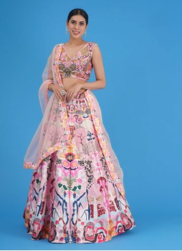 Gorgeous Floral Printed Pink Silk Lehenga Choli