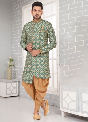 Green And Golden Jacquard Silk Indowestern Set