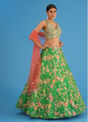 Green Embroidered Silk Lehenga Choli Set