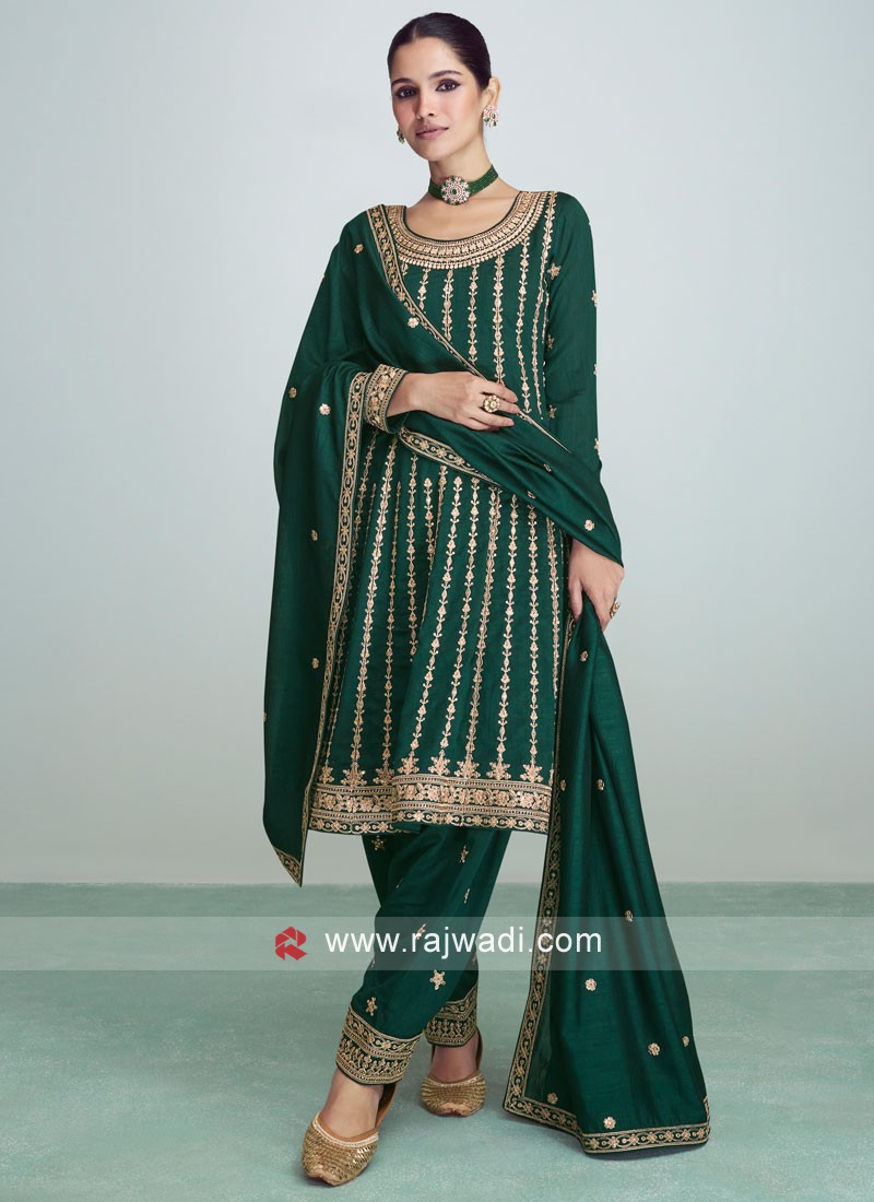 green readymade embroidered silk punjabi suit 51525