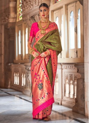 Dark Olive Green Paithani Silk Saree