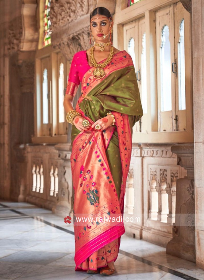 Traditional Paithani Silk Sarees With Contrast Blouse Piece (Lemon & Gree)