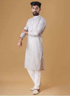 Grey And Off White Thread Work Kurta Pajama