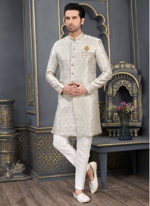 Grey And White Jacquard Silk Indowestern Set