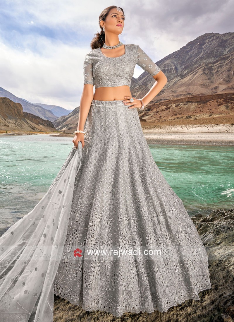 Shop Grey Rajwadi Silk Aari Work Umbrella Lehenga Wedding Wear Online at  Best Price | Cbazaar