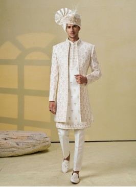 Groom Embroidered Jacket Style Sherwani Set In Silk