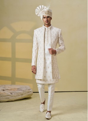 Groom Embroidered Jacket Style Sherwani Set In Silk