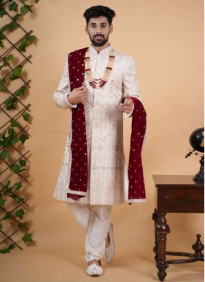 Groom Embroidered Sherwani Set In Silk