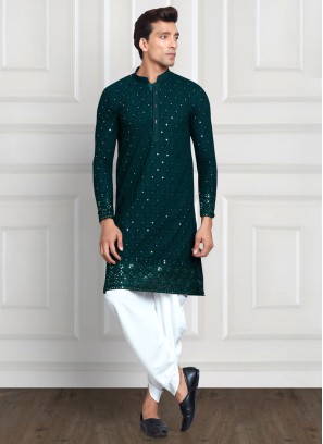 Rama Green Chiffon Silk Embroidered Kurta Pajama