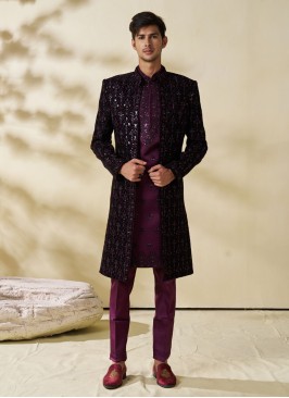 Jacket Style Dark Purple Color Embroidered Indowestern Set